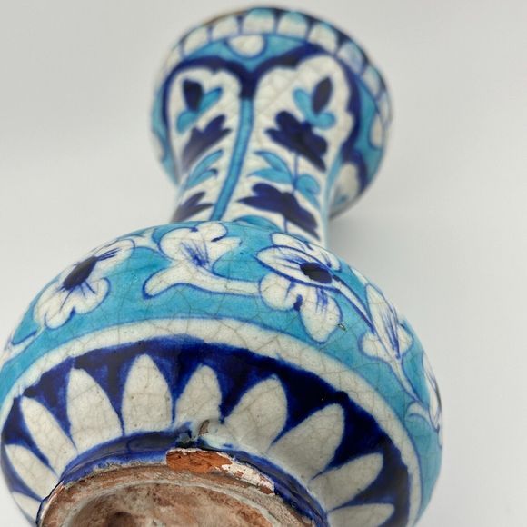 Antique Handmade Hand Painted Glazed Terracotta Vase Iznic Pottery Blue 6.5" H - Picture 9 of 12